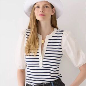 J. Crew Striped Navy Blue White Puff Sleeve Henley Top Cotton Nautical Coastal